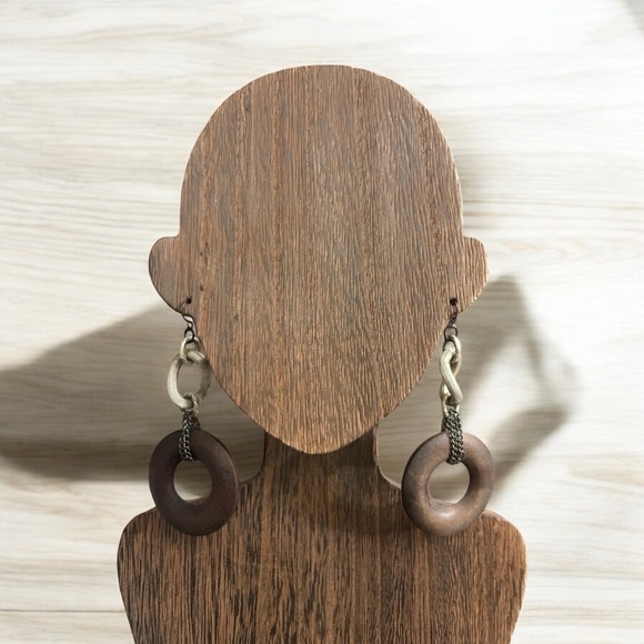 Classic Natural Wooden Hoop Dangle Earrings dark brown - Picture 2 of 6